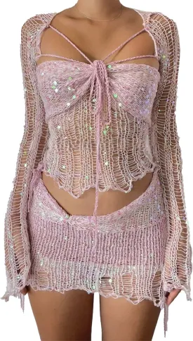 xxxiticat Women's Hollow Out Skirt Matching Set Long Sleeve Cardigan Jacket Bralette Crop Top Crochet Skirt Three Piece Suit