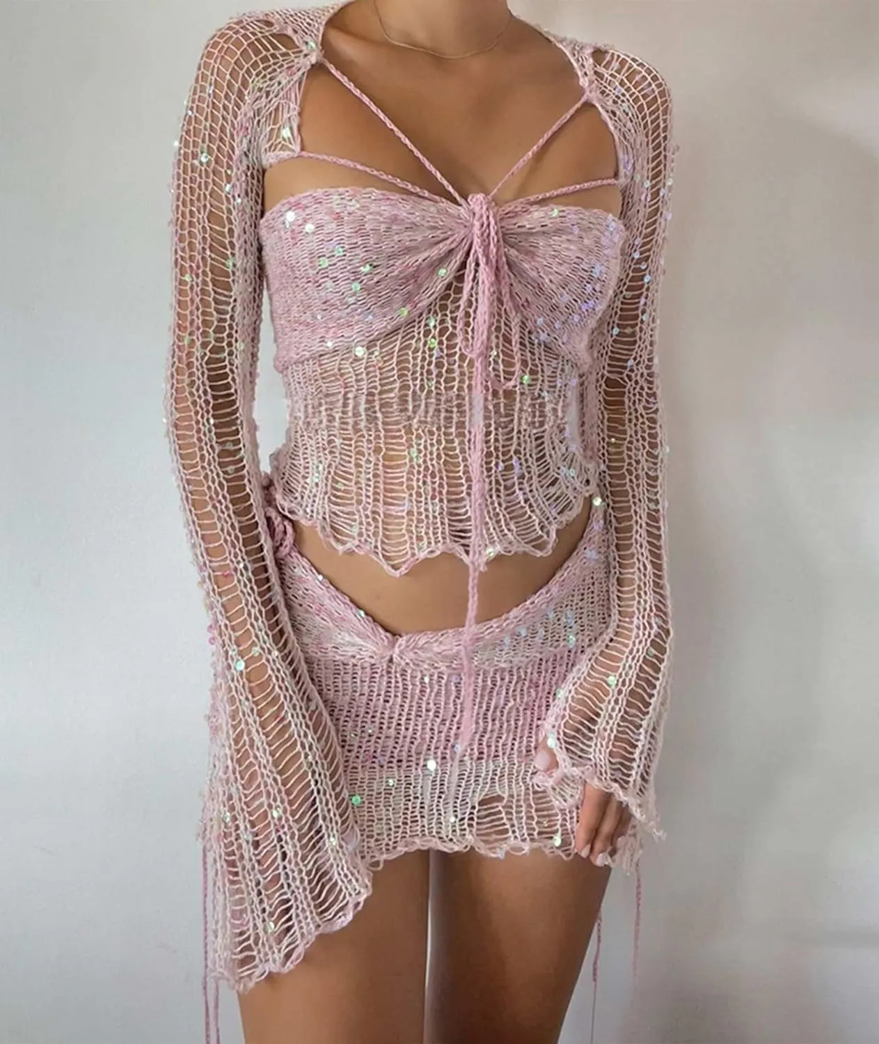 xxxiticat Women's Hollow Out Skirt Matching Set Long Sleeve Cardigan Jacket Bralette Crop Top Crochet Skirt Three Piece Suit